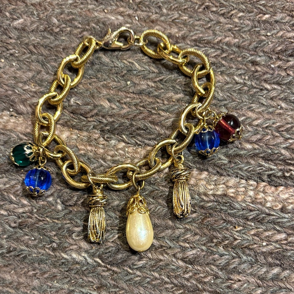 Gold-Tone Charm Bracelet with Multicolor Glass and Pearl Drop